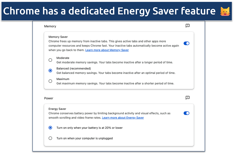 Screenshot of Chrome Energy Saver feature