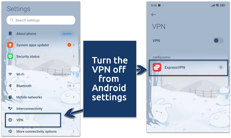 A screenshot of VPN settings on Android OS