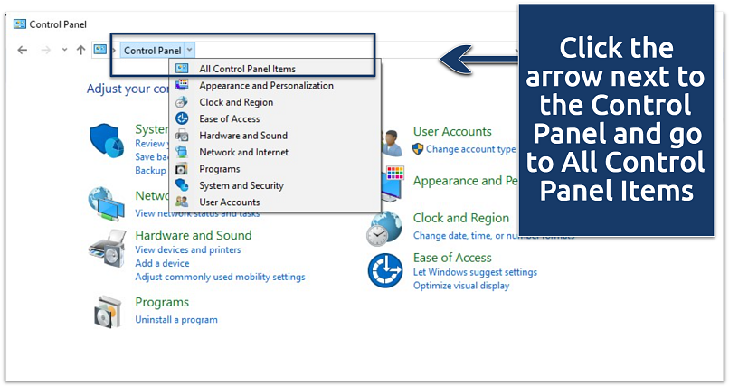 A screenshot of the Windows control panel access