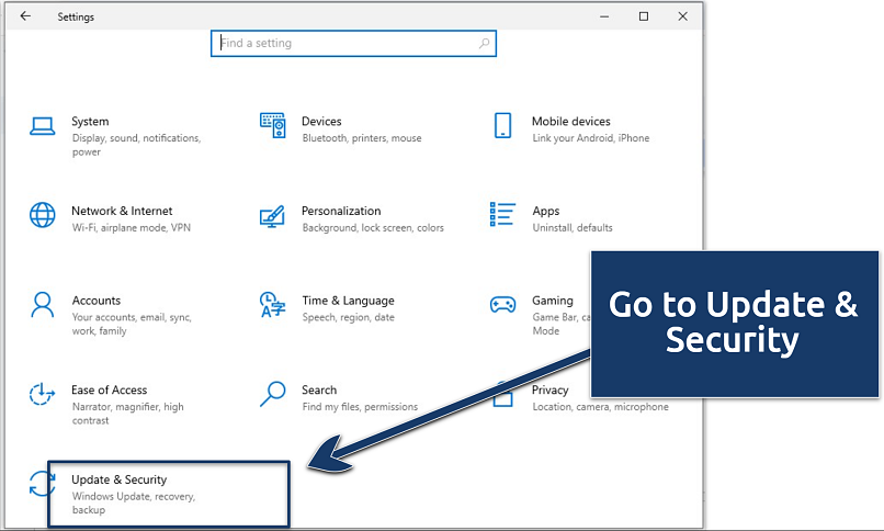 A screenshot of the Windows' settings menu