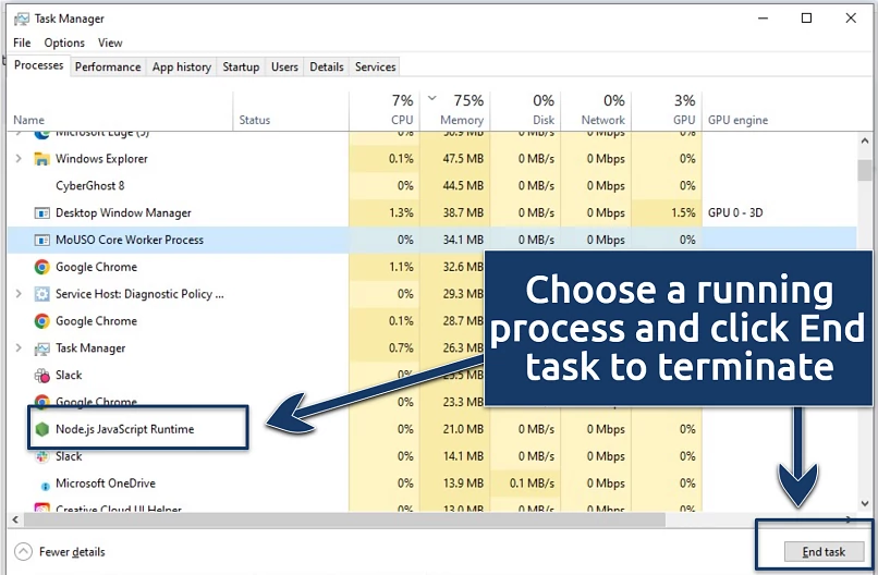A screenshot of Windows' task manager running processes