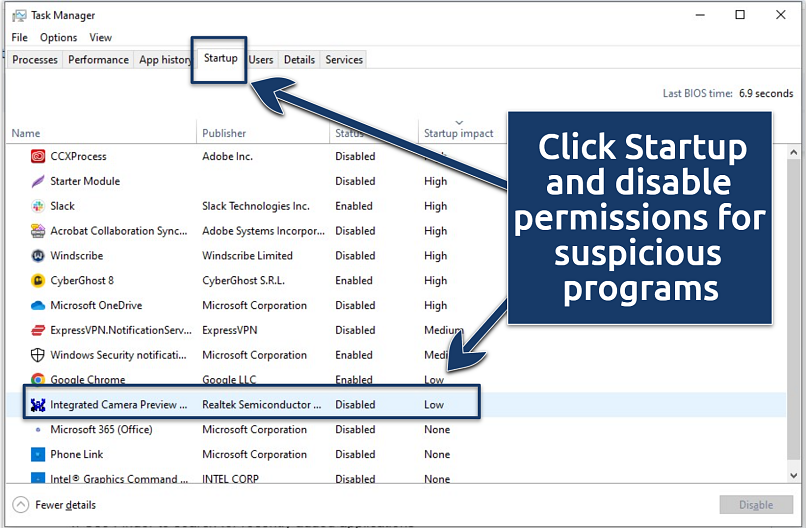 A screenshot of the startup processes on Windows task manager