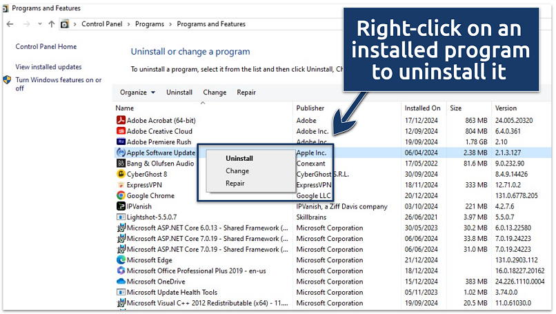 A screenshot of programs installed on Windows computer