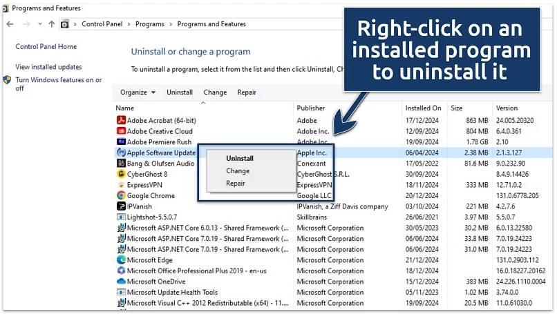 A screenshot of programs installed on Windows computer
