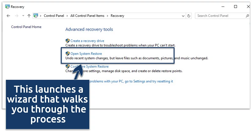  A screenshot of advanced recovery tools on Windows