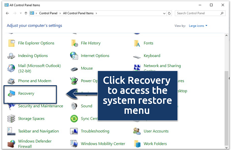 A screenshot of all control panel items on Windows