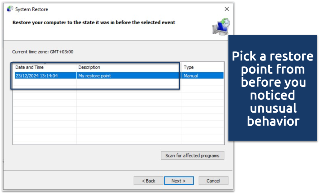 A screenshot of available system restore points on Windows