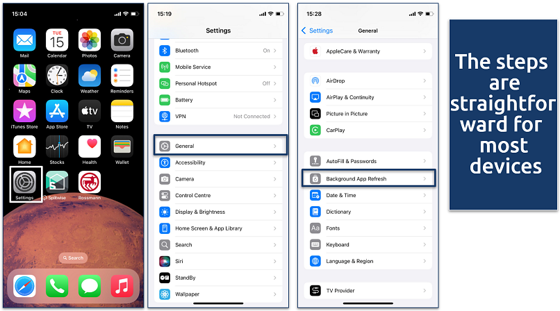A screenshot of iPhone settings showing the path to Background App Refresh under General