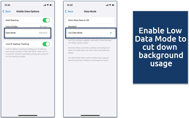 A screenshot of iPhone settings showing how to activate Low Data Mode under Data Mode options