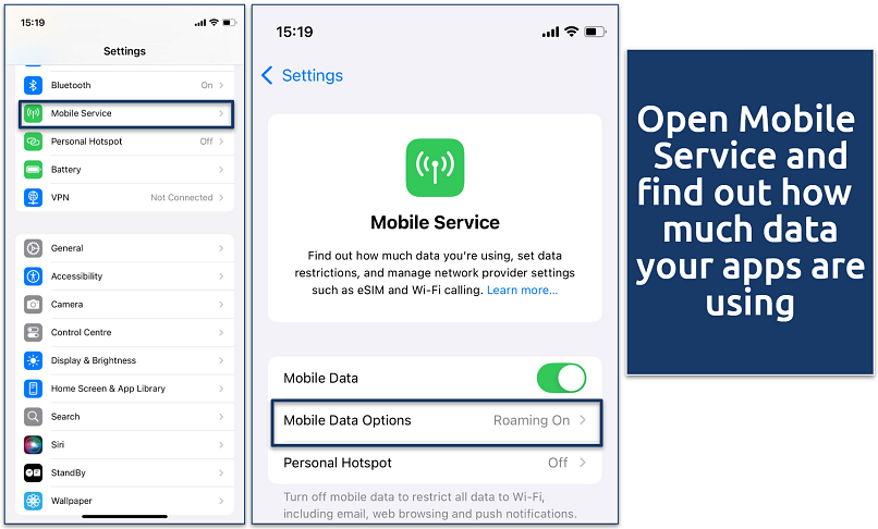 A screenshot of iPhone settings highlighting how to access Mobile Data Options under Mobile Service