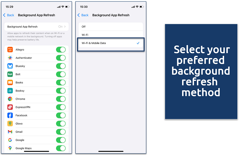A screenshot of iPhone settings showing app toggles and the Background App Refresh data options menu
