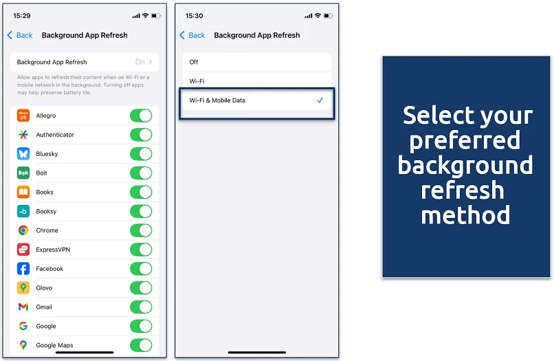 A screenshot of iPhone settings showing app toggles and the Background App Refresh data options menu