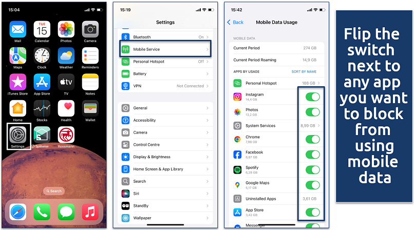 A screenshot of iPhone settings showing Mobile Service and data usage by app