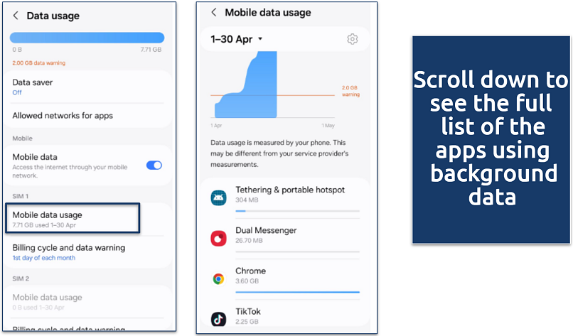 Samsung data usage settings and graph showing mobile data consumption