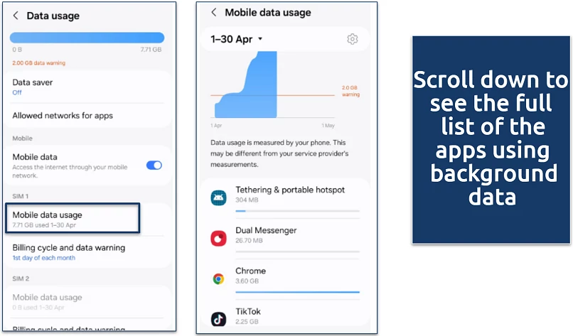 Samsung data usage settings and graph showing mobile data consumption