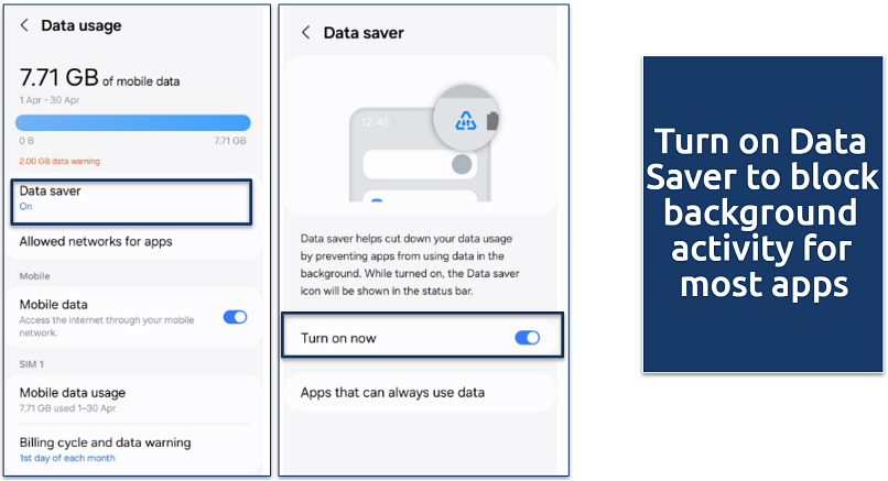 A screenshot of Samsung’s Data usage and Data Saver settings with toggle option