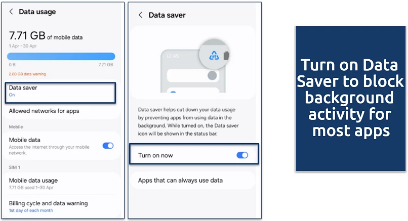 A screenshot of Samsung’s Data usage and Data Saver settings with toggle option