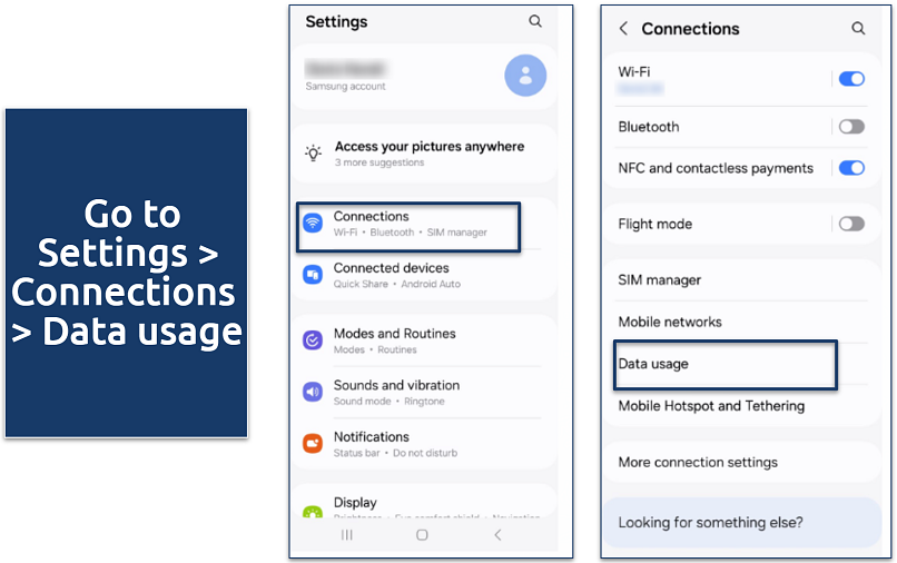 Samsung Settings screen showing how to access the Data usage menu