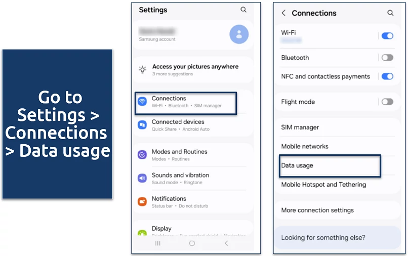 Samsung Settings screen showing how to access the Data usage menu