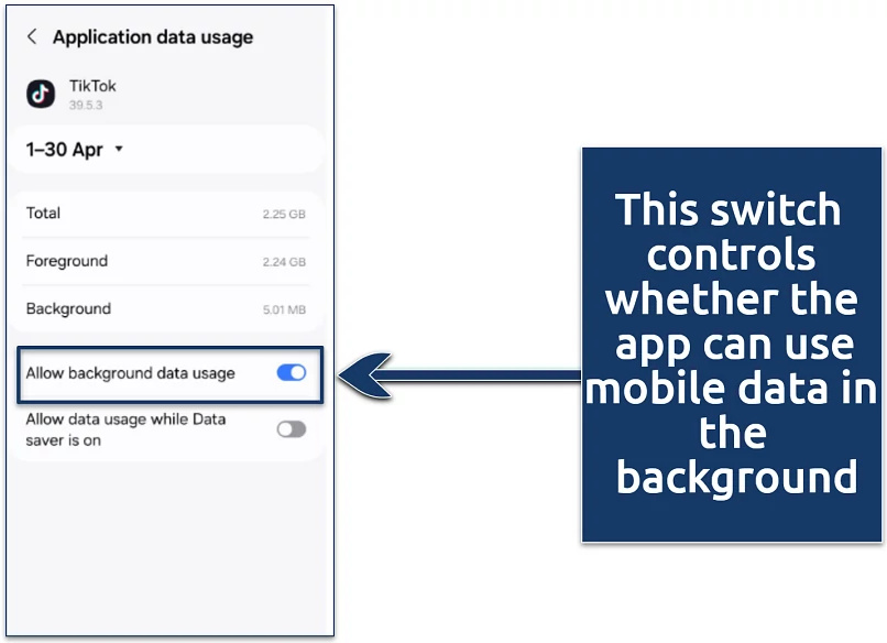 A screenshot showing how to toggle off TikTok app data usage settings