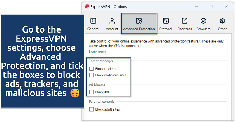 Screenshot showing ExpressVPN's Advanced Protection feature