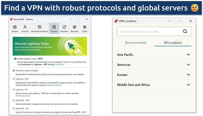 Screenshots showing the ExpressVPN server locations and the protocol settings
