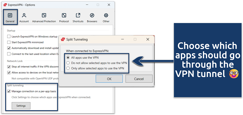 Screenshot of the ExpressVPN split tunneling options