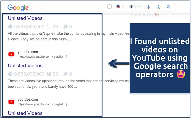A screenshot of unlisted videos showing on Google search engine