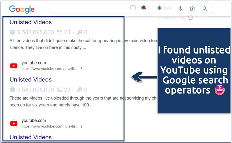 A screenshot of unlisted videos showing on Google search engine