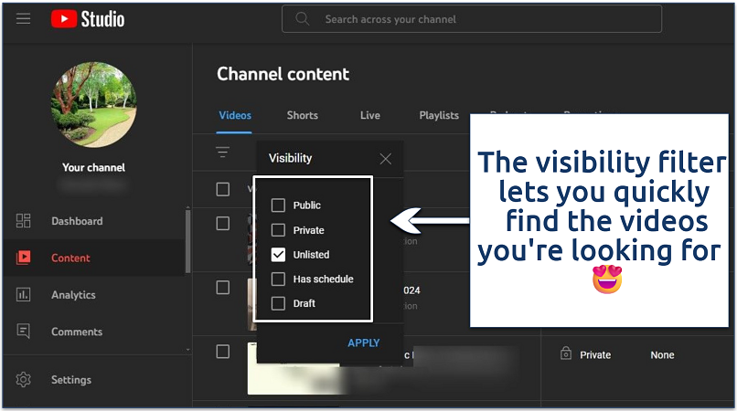 A screenshot showing the YouTube content visibility filter settings.