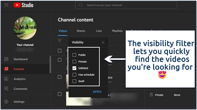 A screenshot showing the YouTube content visibility filter settings.