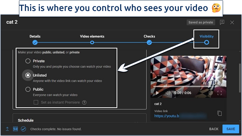 A screenshot of YouTube video upload visibility settings