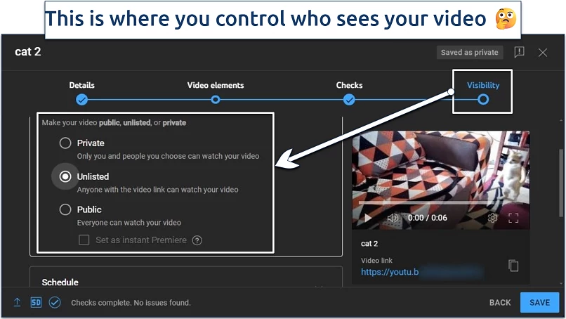 A screenshot of YouTube video upload visibility settings