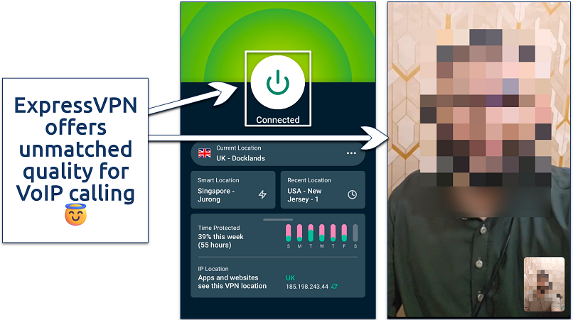 Screenshot showing a WhatsApp video call with ExpressVPN connected to the UK Docklands server