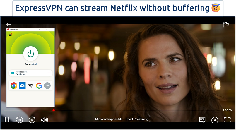 Screenshot showing image of Mission Impossible: Dead Reckoning on Netflix with ExpressVPN's Kazakhstan server