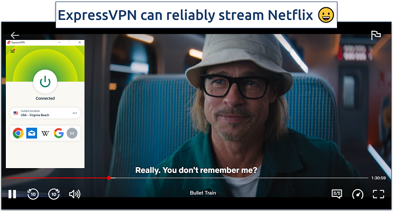 Screenshot showing the image of Bullet Train being streamed with ExpressVPN's Virginia Beach server on Netflix US