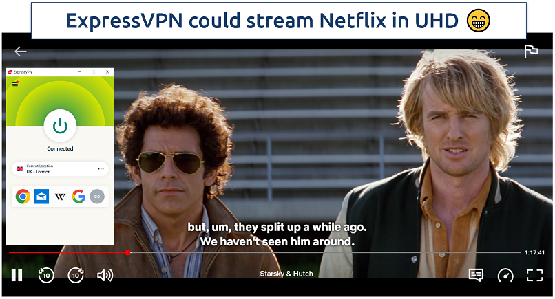 Screenshot showing image of Starsky and Hutch being played with ExpressVPN's London server