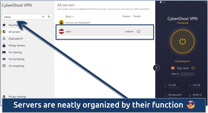Screenshot of the CyberGhost Windows app showing its specialized servers