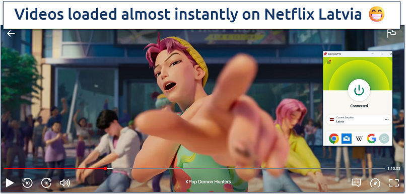 Screenshot showing a show playing on Netflix Latvia with ExpressVPN connected to a server in Latvia