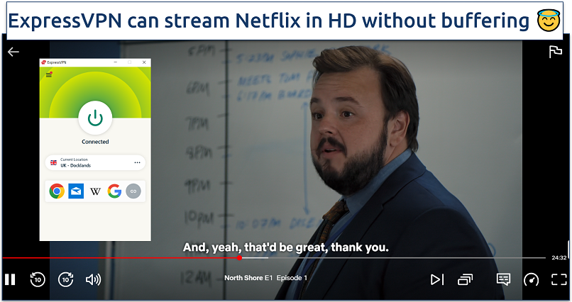 streaming screenshot of North Shore episode 1 on Netflix UK with ExpressVPN connected to UK Docklands server