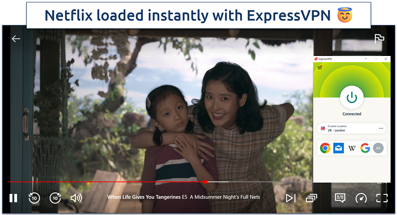 Screenshot showing image of When Life Gives you Tangerines Epsiode 5 being played with ExpressVPN's London server