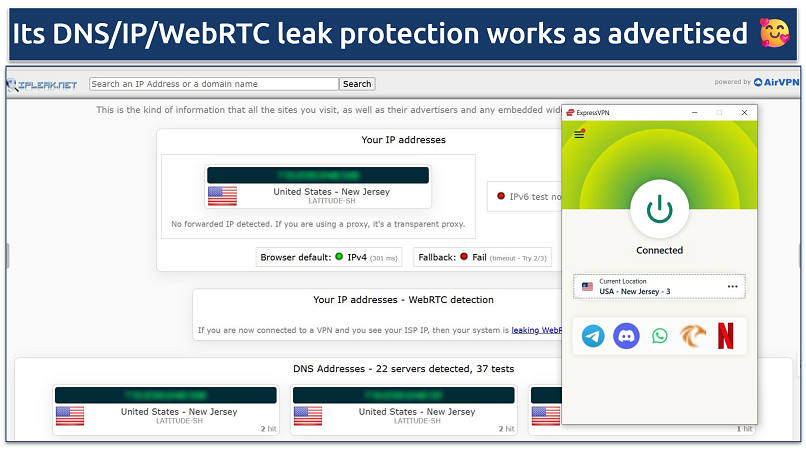 A screenshot showing ExpressVPN passed IP, DNS, and WebRTC leak tests
