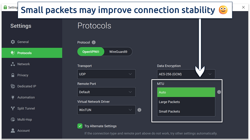 A screenshot showing how straightforward it is to customize a connection using the Private Internet Access (PIA)