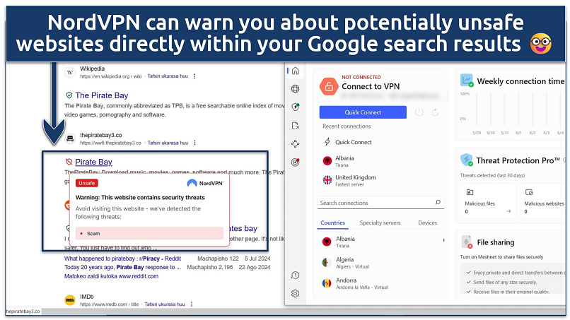 A screenshot showing that NordVPN's Threat Protection Pro can warn you about potentially unsafe websites directly within your Google search results