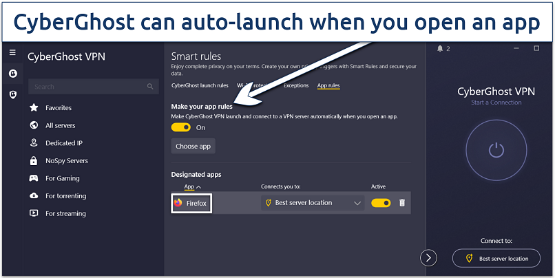 Screenshot of the CyberGhost app with the Smart rules panel open