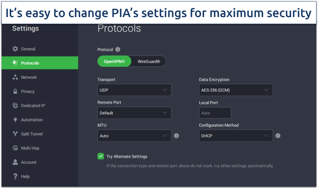Screenshot of PIA's app with its Protocols settings open.