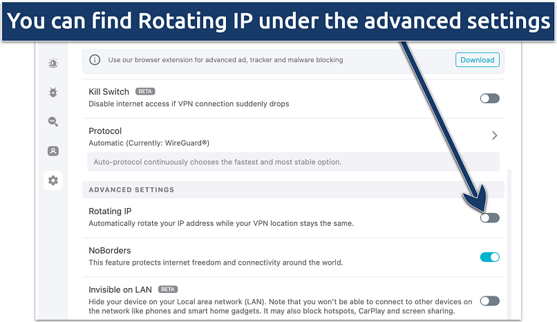 Screenshot of how to enable Surfshark's Rotating IP feature on the macOS app