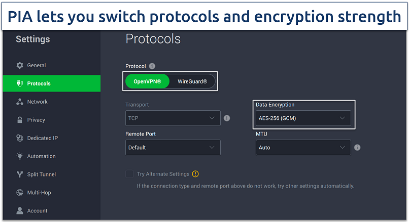 Screenshot of how to change protocol and encryption strength on PIA's Mac app