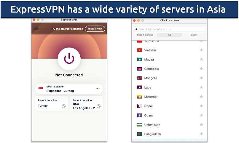 Screenshot of ExpressVPN's list of servers on its macOS app