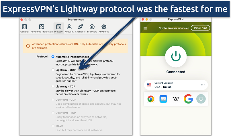Screenshot of ExpressVPN's protocol list while being connected to a server in Dallas